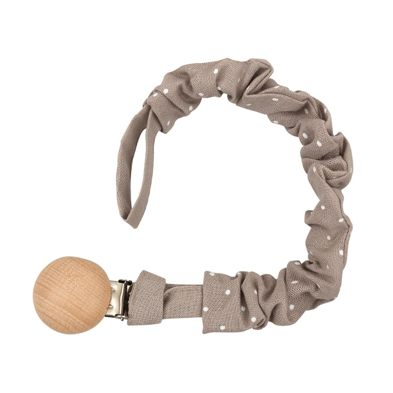 Pacifier Clip Made Of Cotton, Beach Wood and Stainless Steel (43 Colors)