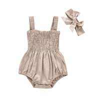 Thumbnail for Earthtone Elegance: Infant Baby Girls Summer Elastic Jumpsuit With Bow Headband