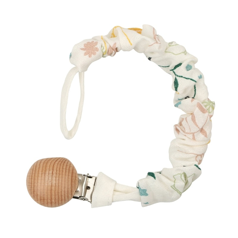 Pacifier Clip Made Of Cotton, Beach Wood and Stainless Steel (43 Colors)