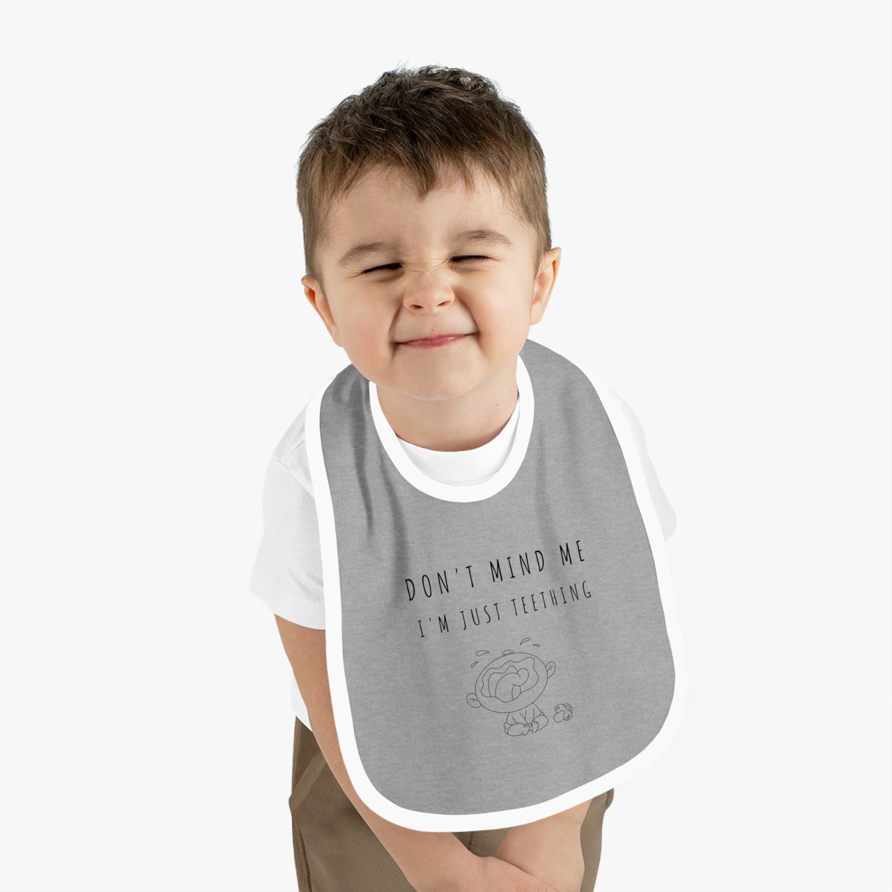 "Don't Mind Me - I'm Just Teething" - Baby Contrast Trim Jersey Bib - BW
